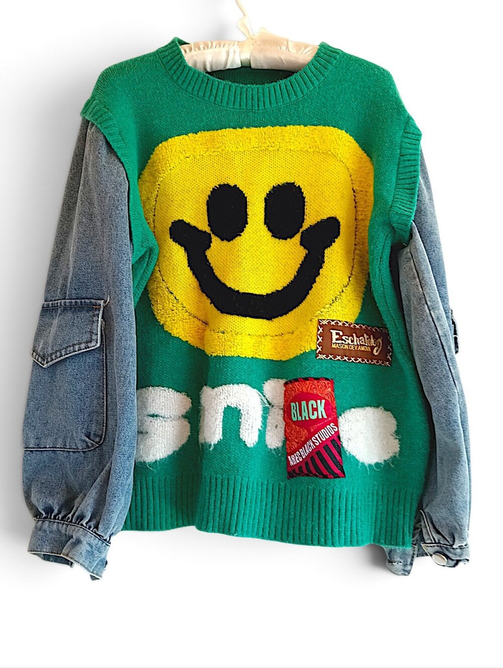 Green Smiley Knit Sweater Denim Pocket Sleeves Fun Campus Clothes Y2K Streetwear